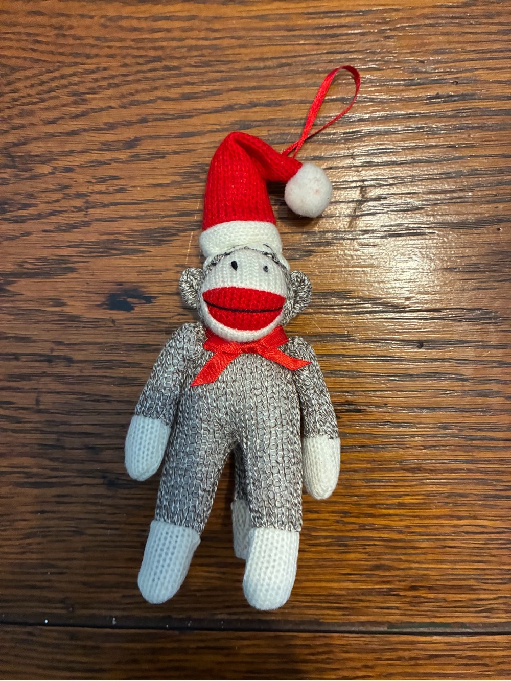 Gray Sock Monkey Holiday Ornament with Red Santa Hat